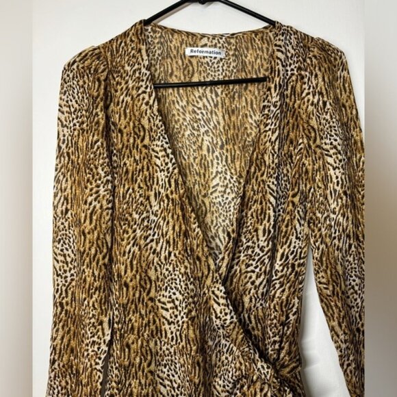 NWT Reformation Brooke Animal Instinct Leopard Wrap Puff Long Sleeve Dress XS - Picture 2 of 16